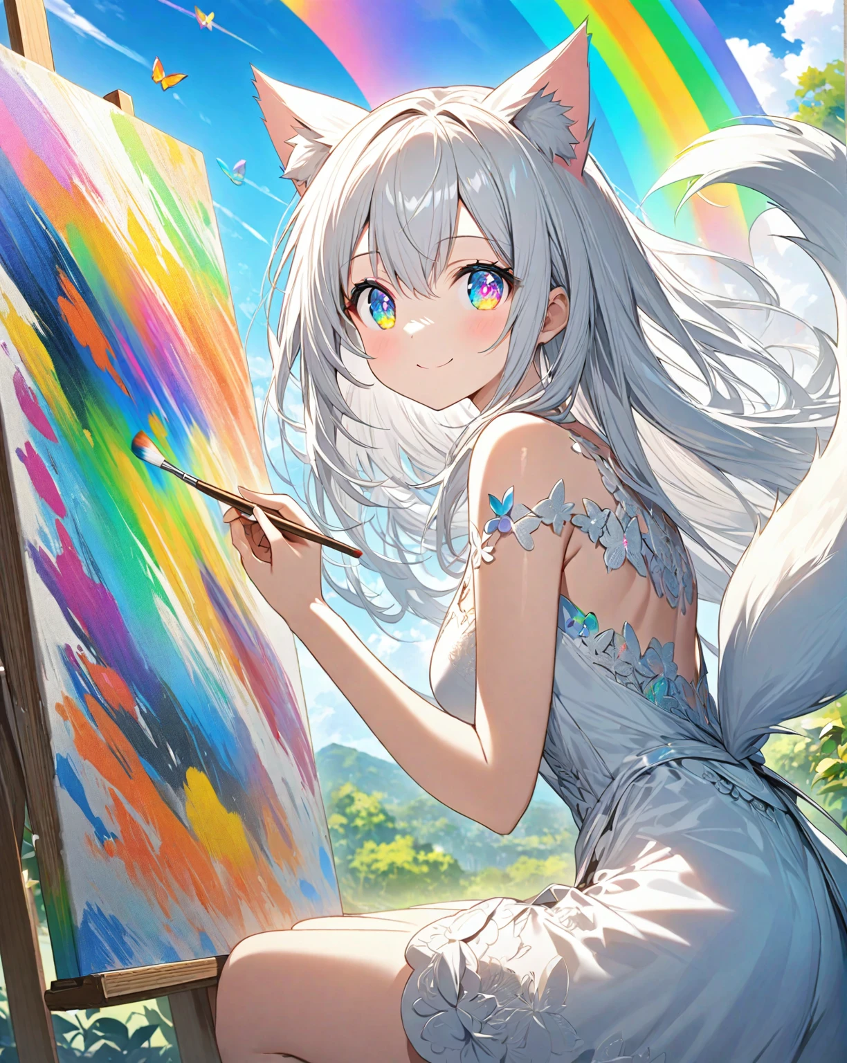 1girl that is painting a butterfly on the canvas. She's a very talented artist. Focus on her that is painting. 
1catgirl, cat ears, (white long hair)) , detailed rainbow eyes, intricate cool white dress. Bare shoulders, white Shorts. Portrait. Medium breast. Super detailed. Perfect anime rainbow eyes. 
Natural pose.  She's smiling , she's Smart . White fox tail. She's Painting a butterfly on the canvas . Artist's sprout with partially painted canvas. He is painting outdoors, it is a beautiful sunny day with blue skies, a few white clouds, meteorites and trails in the sky. Uncomplete drawing on the canvass. Artist pose. She hold a Brush and color palette. She's looking back at the viewer smiling while paining.
Accent colors on the canvas and eyes. 