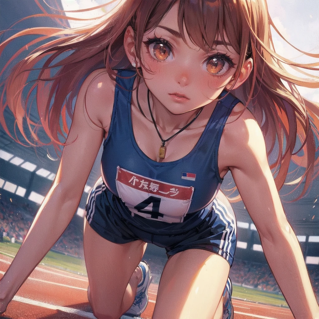 high quality,HD,16k,sharp lines,1 girl,Female track and field athlete ,cute face, large breasts, nice legs,At the track and field,focus girl,detailed beautiful face,detailed clothes,beautiful eyes,cool,dynamic angle