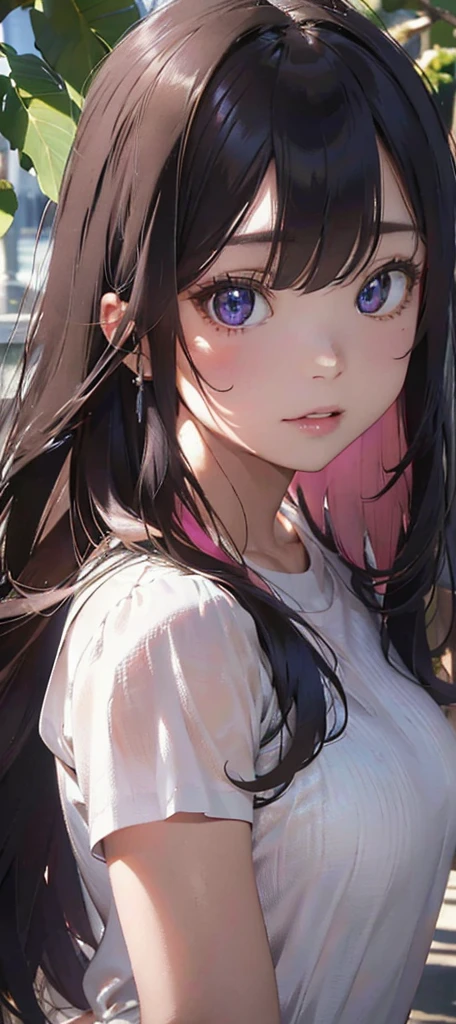 a beautiful detailed woman with long hair,Pink hair, extremely detailed face and eyes, dramatic colors, glowing skin, tropical plants, big breasts, (best quality,4k,8k,highres,masterpiece:1.2),ultra-detailed,(realistic,photorealistic,photo-realistic:1.37),HDR,UHD,ultra-fine painting,sharp focus,physically-based rendering,extreme detail description,