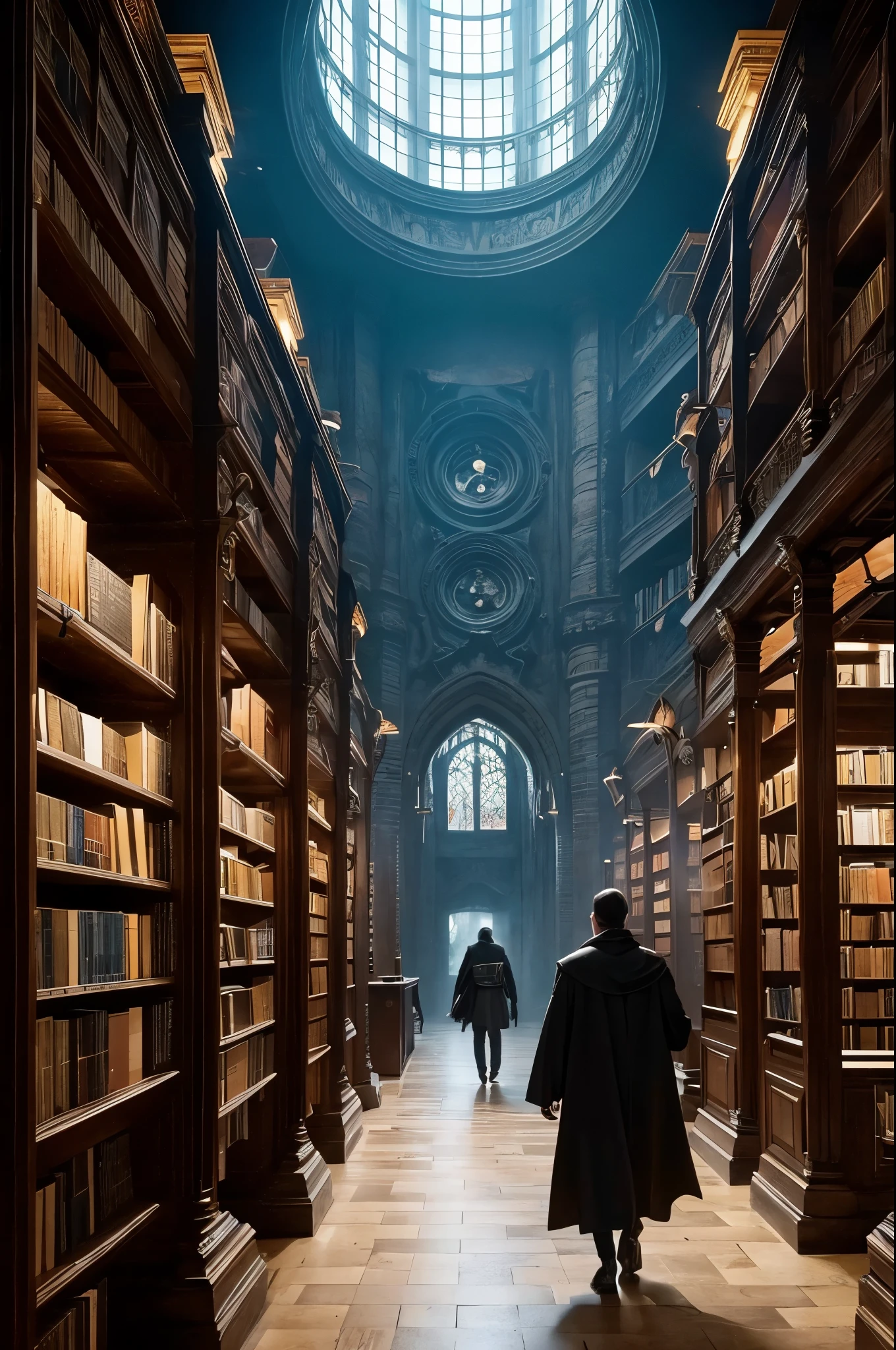 There is a photo of a man walking through a bookstore., Gothic Epic Library concept, Gothic Epic Library, Gothic Library, A library of Ruina concept art, Ancient Library, Book Cave, Library of Magic, The Eternal Library, Dark Library, Dusty Library, Alchemist&#39;s Library Background, Born Space Library Artwork, Vast library, Castle Library, Dark Library, Infinite Book