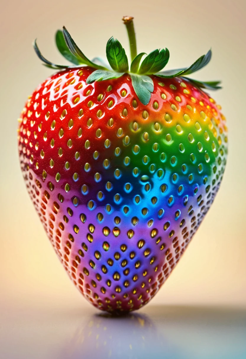 ((A rainbow strawberry)), ((Visualize a ripe)), juicy strawberry that showcases all the colors of the rainbow from red, orange, yellow, green, blue, indigo to violet. Each segment of color should blend seamlessly into the next, creating an enchanting sight that is both surreal and delightful. The details of the strawberry, such as its seeds and leafy crown, should be realistic and sharp against the vibrant, gradient hues. Imagine the fruit sitting against a minimalistic background that allows the colors to truly pop.