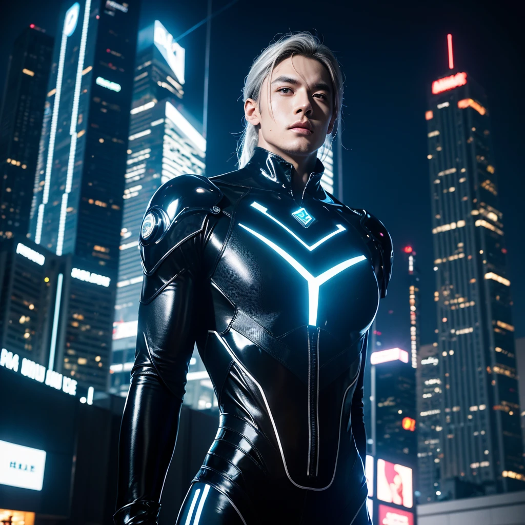 (zPDXL2), score_9, score_8_up, score_8, score_9, XXX Rating, Photo Real, realistic, A sensual man, with fair skin and silver hair, (upper part of the body), posing confidently in a futuristic setting with shiny skyscrapers in the background. He's wearing a form-fitting tech suit, with blue LED lights highlighting his muscular lines. Neon lighting creates a dramatic, futuristic effect around you, GlamorShots_PDXL
