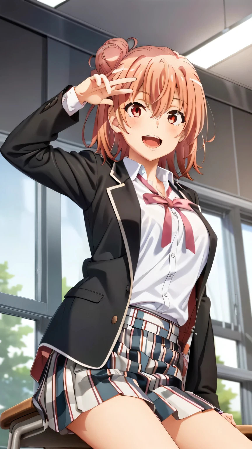 {{{masterpiece}}}, {{{best quality}}}, {{ultra-detailed}}, {illustration}, {{an extremely delicate and beautiful}}, (beautiful detailed eyes:1.6), extremely detailed face, 16k, anime face, Yuigahama Yui (Oregairu), cute face, (short hair:1.5), (single side bun:1.5), (hair between eyes:1.5), (pink hair:1.5), (red eyes:1.5), big breasts, thin waist, big hips, curvaceous, {school uniform:1.5}, black jacket, long sleeve, open jacket, (white shirt:1.5), red ribbon, (plaid skirt:1.5), mini skirt, BREAK ,1girl, cowboy shot,, open mouth, kyoushitsu, classroom, indoors, school chair, school desk, chalkboard, window, ceiling light, curtains, smiling, peer in from below, looking at viewer, daytime, sit on the desk, spread legs, smiling, flushed cheeks
