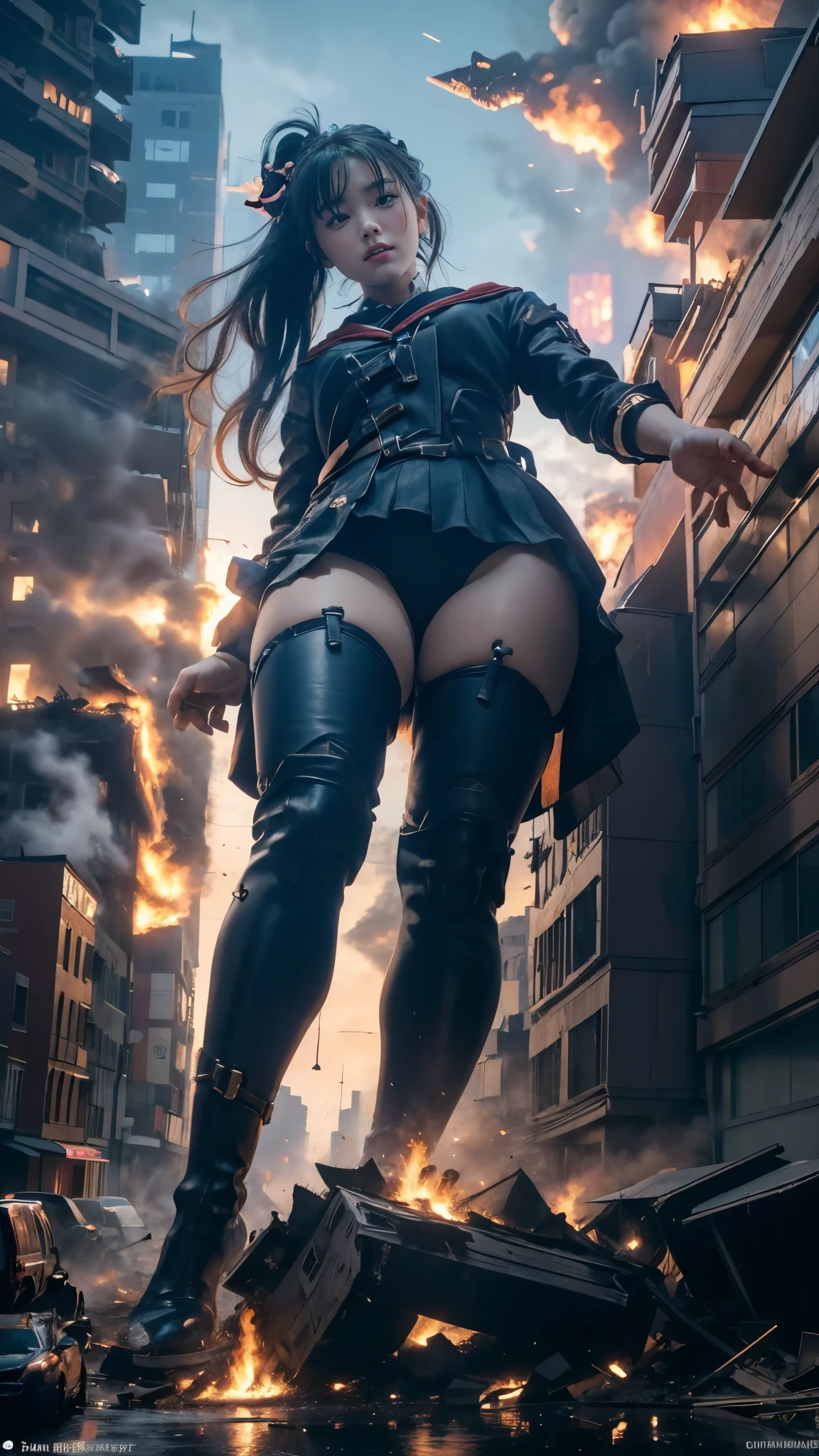 (Giantess element, high resolution, high quality, accurate body structure, detailed body), Japanese high school girl, sailor suit, towering giant girl, looking up at approaching woman from below, giant attacks city, cute, girl destroying small town, destroying small town, mischievous expression, Japanese language, white skin, smile, trampling buildings, rubble, burning small town, destroyed small building, collapsed highway, car being crushed, evacuation of residents, sunset, burning small town, please, walk, trample, anatomically correct, accurate human body, accurate skeleton, full body portrait, blue eyes, rubble scattered at feet, taller than skyscrapers, big impact, amazing, giantess element, draw woman big, increase destructive element, make city smaller, rampage, city, building, monster,