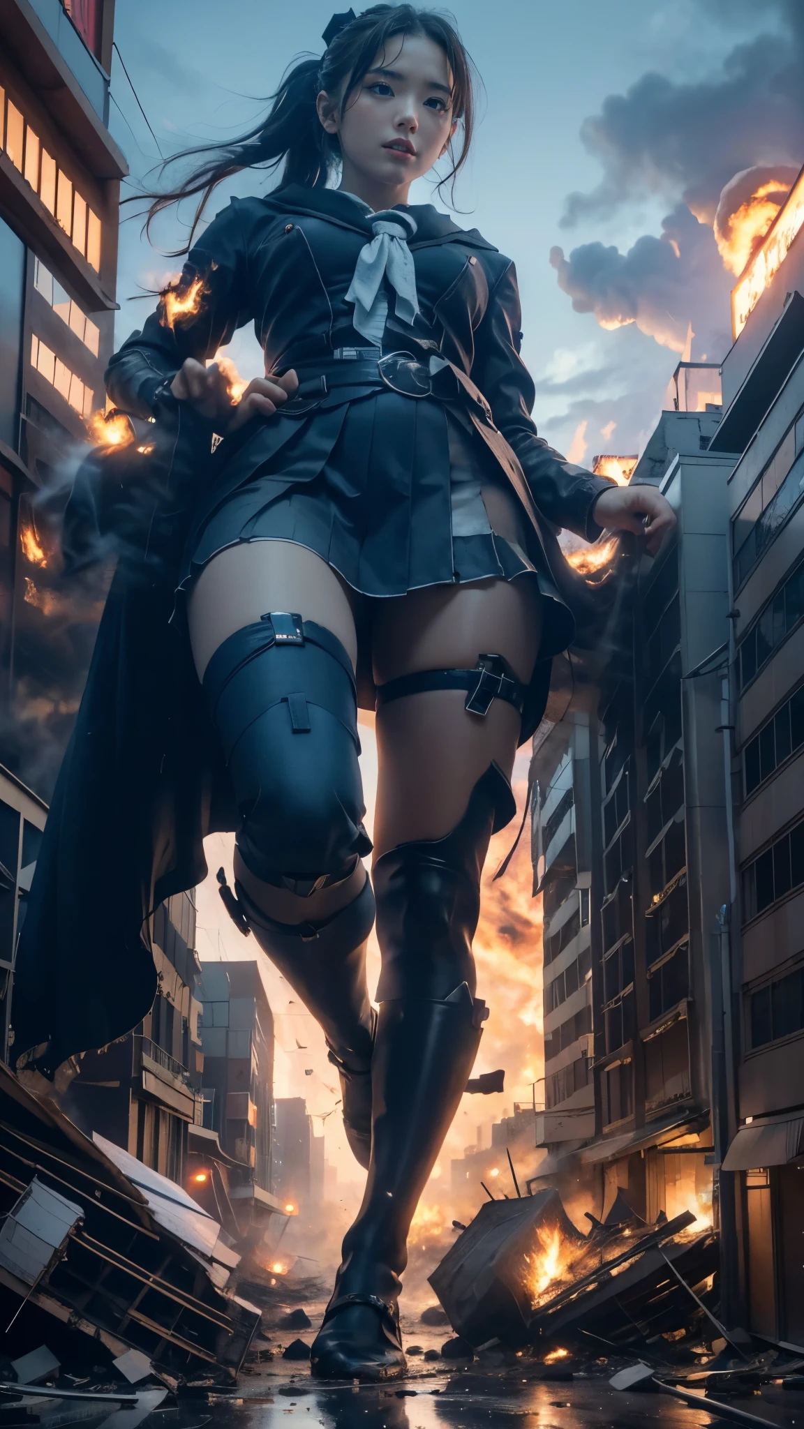 (Giantess elements, high resolution, high quality, accurate body structure, detailed body), Japanese high school girl, sailor uniform, towering giant girl, looking up at approaching woman from below, giant attacks city, cute, girl destroying small town, destroying small town, mischievous expression, Japanese language, white skin, smile, trampling buildings, rubble, burning small town, destroyed small building, collapsed highway, car being crushed, evacuation of residents, sunset, burning small town, please, walk, trample, anatomically correct, accurate human body, accurate skeleton, full body portrait, blue eyes, rubble scattered at feet, taller than skyscrapers, big impact, amazing, giantess elements, drawing women big, increasing destructive elements, making city smaller, rampaging, city, building,