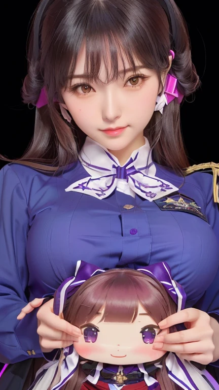 girl with a purple shirt holding a small doll, fine details. girls frontline, marin kitagawa fanart, from girls frontline, illustrious makinami, azur lane style, from the azur lane videogame, , (sfw) safe for work, marisa kirisame, fujita goro!, with a large breasts, kantai collection style
