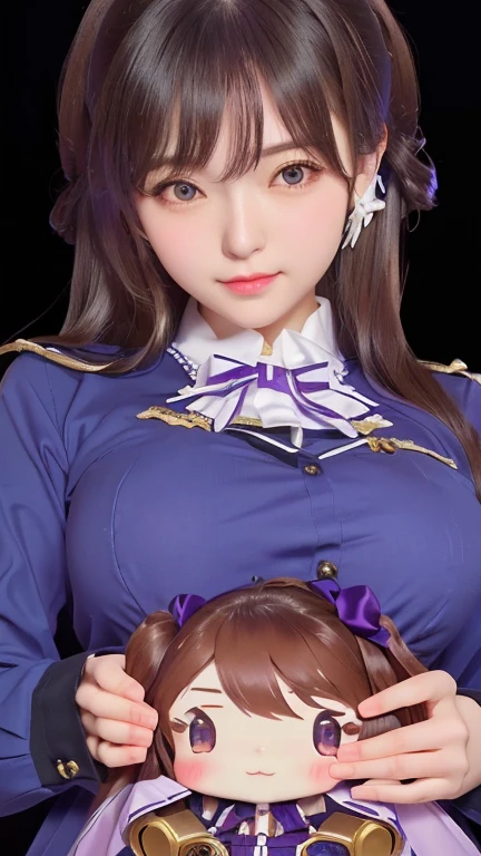 girl with a purple shirt holding a small doll, fine details. girls frontline, marin kitagawa fanart, from girls frontline, illustrious makinami, azur lane style, from the azur lane videogame, , (sfw) safe for work, marisa kirisame, fujita goro!, with a large breasts, kantai collection style