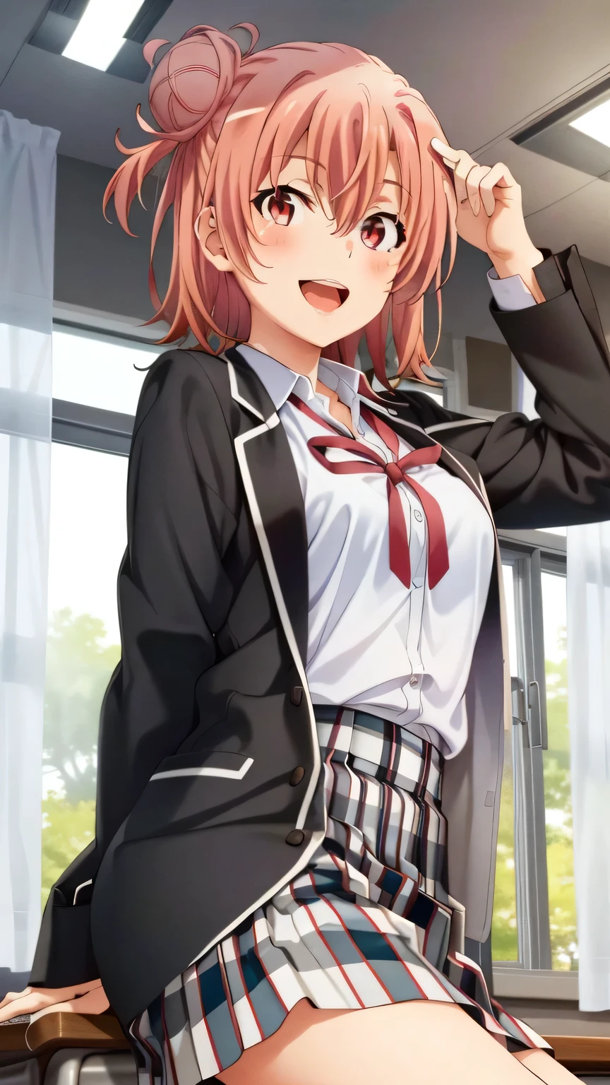 {{{masterpiece}}}, {{{best quality}}}, {{ultra-detailed}}, {illustration}, {{an extremely delicate and beautiful}}, (beautiful detailed eyes:1.6), extremely detailed face, 16k, anime face, Yuigahama Yui (Oregairu), cute face, (short hair:1.5), (single side bun:1.5), (hair between eyes:1.5), (pink hair:1.5), (red eyes:1.5), big breasts, thin waist, big hips, curvaceous, {school uniform:1.5}, black jacket, long sleeve, open jacket, (white shirt:1.5), red ribbon, (plaid skirt:1.5), mini skirt, BREAK ,1girl, cowboy shot,, open mouth, kyoushitsu, classroom, indoors, school chair, school desk, chalkboard, window, ceiling light, curtains, smiling, peer in from below, looking at viewer, daytime, sit on the desk, spread legs, smiling, flushed cheeks