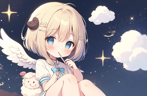 ((masterpiece, Best details, alone)), One girl, Angel, (short hair, Dark brown hair), Blunt bangs, blue eyes, (Fluffy short sleeve pastel blue ruffled dress), (Angel wings), Cloud Hair Ornament, (Sheep Girl), (Stuffed sheep), golden gate, Yellow bow tie, Peter Pan Color, whole body, white ankle socks, (Mouth closed, smile), performer, Starry sky background, ((Milky Way))