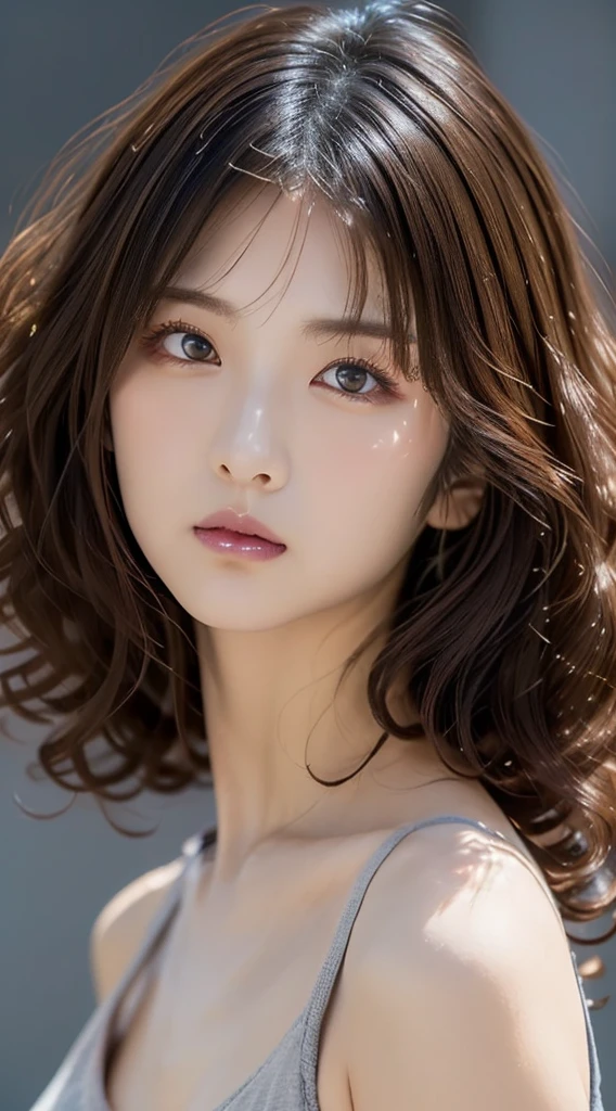 ((Bust up shot:1.6))、One woman、1 photo、((flat and small breasts:1.7))、((sensual look:1.8))、((ID photo:1.4))、((Apply beautiful makeup:1.7))、((A pale cherry-colored lip for moisturized lips:1.5))、((Wear a camisole:1.5))、((No underwear:1.5))、Natural Shading、((Moist eyes:1.3))、(K-Pop Idols)、Serene and goddess-like beauty、((Slightly parted lips:1.3))、Natural Shading、((((Curly long hair:1.5))))、((Brown haired Japanese woman)))、(Yin and Yang Expressions:1.5)、masterpiece, Highest quality, 8k, High-definition image quality, (Upper body:1.4), Beautiful girls, Beautiful face, Looking at the audience, Surreal, High resolution, Sharp focus, High resolution, フェイスLight, Dynamic Lighting, Light, Professional Shadow, Simple Background, (Dull grey background:1.4), Highest detail, Very detailed, Ultra-detailed, In detail, Real Skin, Delicate facial features, Detailed face and eyes, Sharp pupils、live action idol