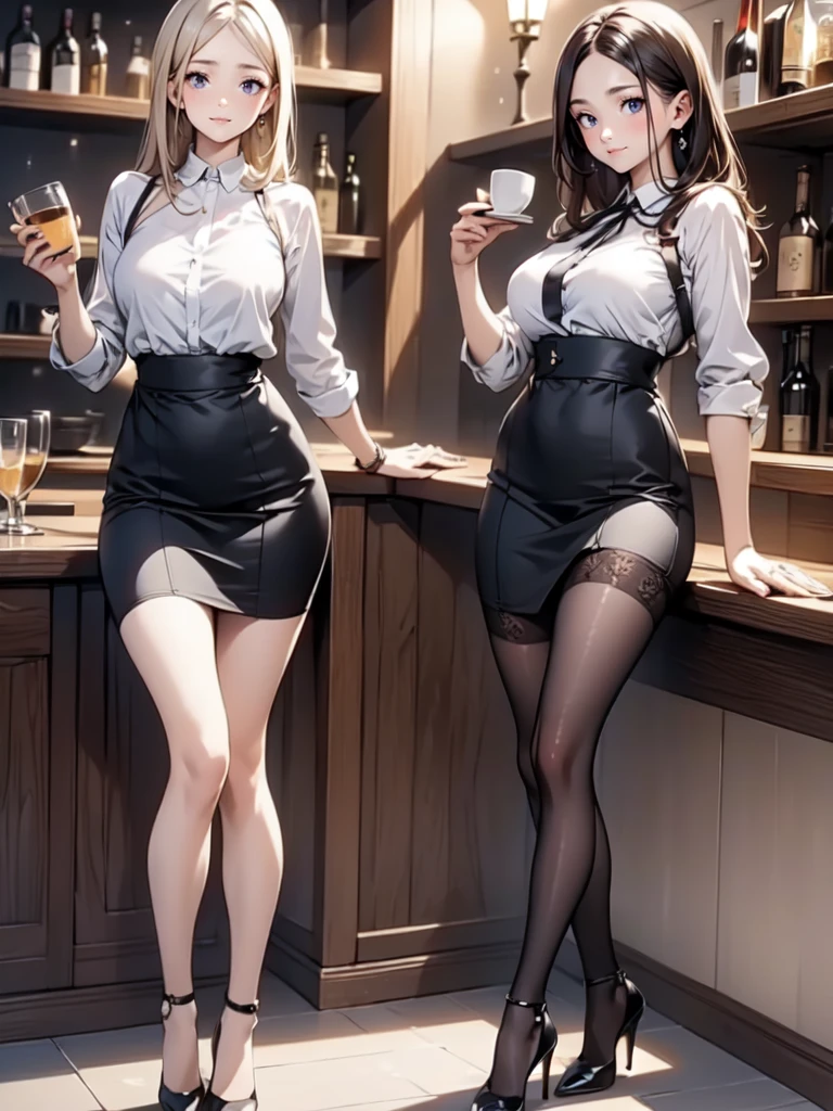 (masterpiece:1.3),(best quality, highest quality),((Full Body Shot,Including face)),()1girl,4K,masterpiece,((Focus on the face)),((Symmetrical facial features)),Beautiful woman,(slender),((High heels,Patterned stockings with straps)),Detailed depiction of the face, Cafe clerk ,bar counter,profile,Long skirt,slenderな女性,Cafe uniform,Age 25,,Working