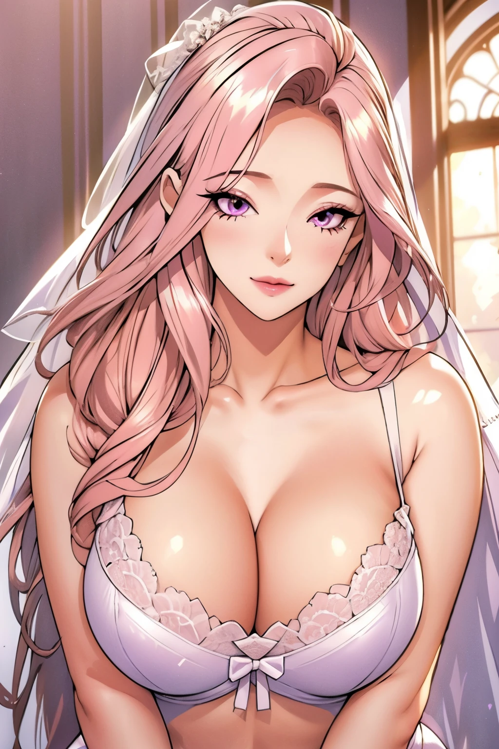 bride, veil, white bra, white lace, white panty, , 8K, original photo, best quality, masterpiece:1.2),1 girl,Solitary,aldult, Purple Eyes, Pink Hair, Chest,, Half closed eyes,Smile,Beautiful Body,Beautiful nose,Beautiful character designs, Perfect eyes, Perfect face，whole body