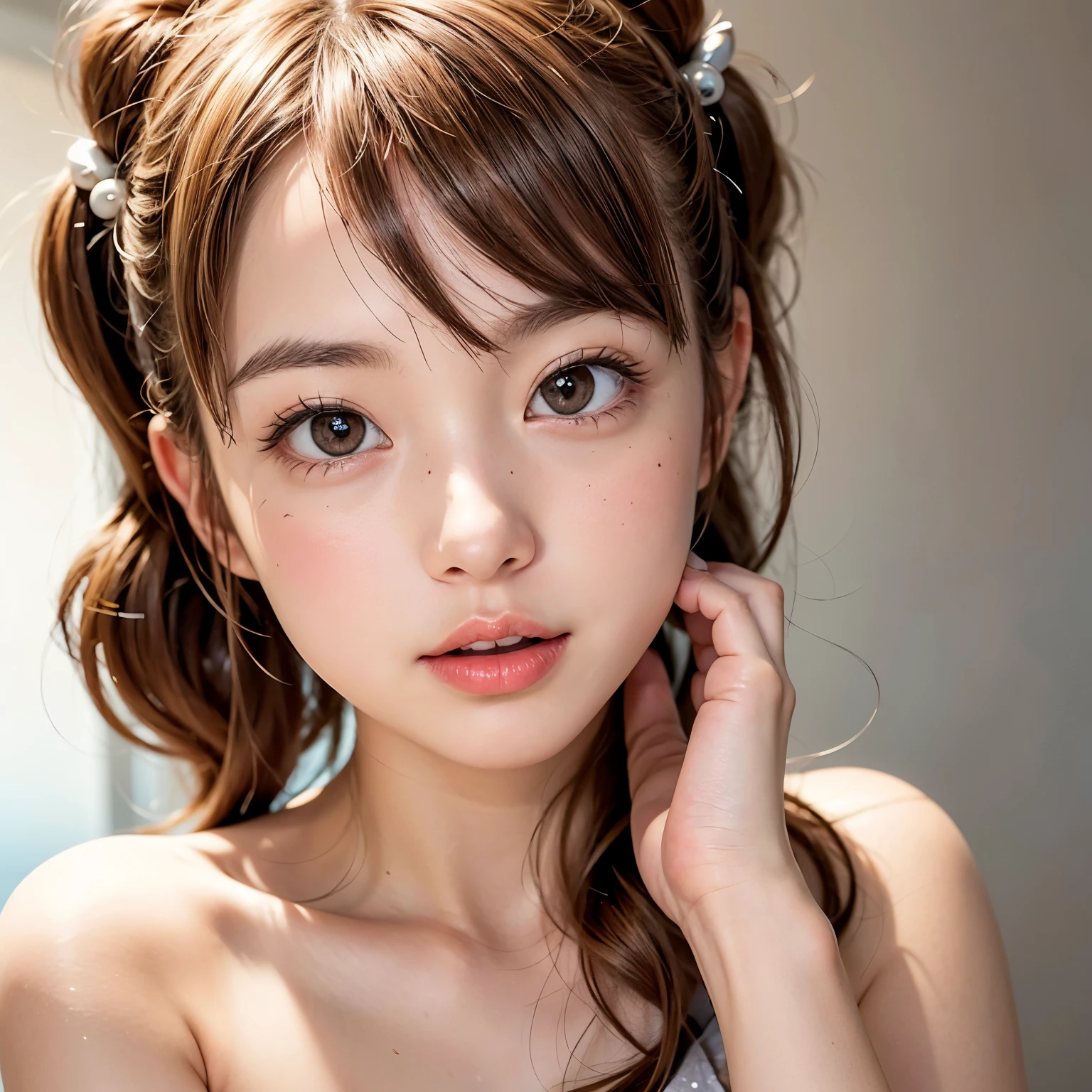 masutepiece, Best quality, 8K, Mirror on desk, RAW photo, Professional photography, twintails, Soft light, Professional lighting, Smile, Close up, face, Close up, Cute, Girly, Goddess, Delicate girl, Neat and clean beauty, Upper body, Digital SLR, Sophisticated, filmgrain,