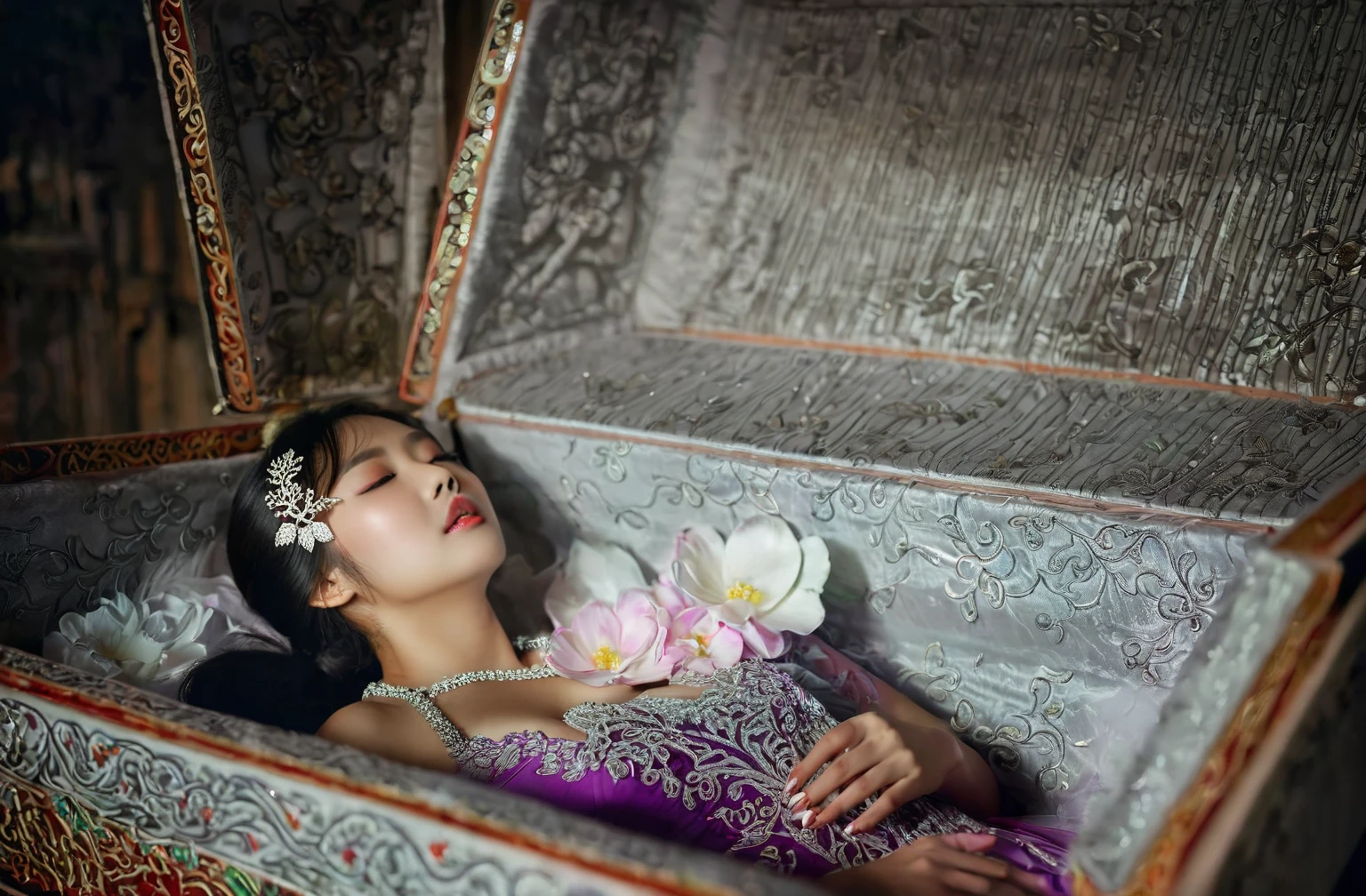 In a striking 8K HDR scene, a stunning Korean woman, 22 years old, lies peacefully in a coffin and coffin cover surrounded by plush pillows. The deep box is set against a rich black background, accentuating the beauty of the subject. Her exquisite deep-V neckline kebaya attire is embroidered with superb detail, showcasing her round and firm breasts, perfect cleavage, and beautiful eyebrows. Her closed eyes and mouth give an air of serenity, while her visible and absolute cleavage leave nothing to imagination. The scene is bathed in saturated colors, highlighting every intricate aspect from the ball skirt to her clean face, straight body, detailed hand perfect hands, straight body, own hands together, own hand on stomach, detailed hands, perfect hands.