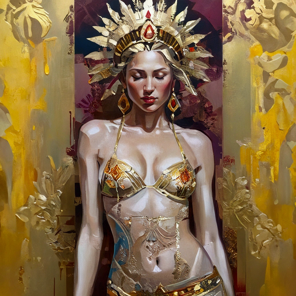 detailed oil painting of a beautiful nude female goddess, highly detailed face and body, goddess of fortune, intricate detailed dress, ornate golden headdress, goddess pose, dramatic lighting, vibrant colors, photorealistic, 8k, masterpiece, hyper detailed