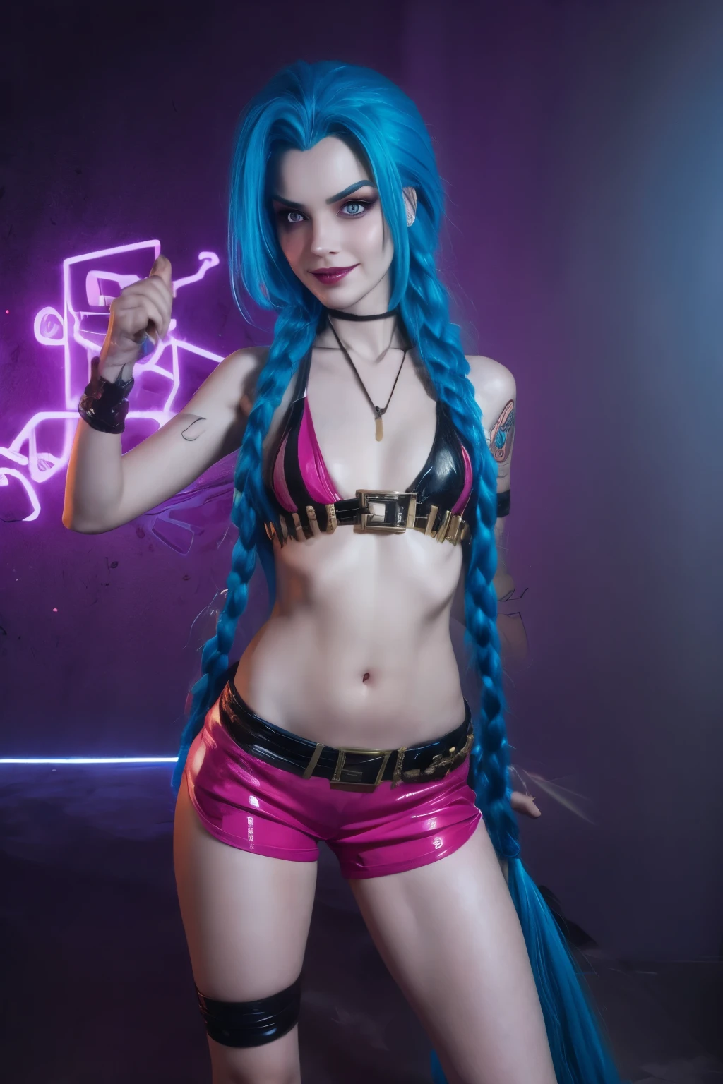 xyzharleyquinn, 1girl, looking_at_viewer, blue_eyes, blonde_hair, twintails, blue_hair, pink_hair, collar, makeup, pale_skin, eyeshadow, facepaint, strip_club_venue, stripper_girl, medium breasts, night club, clubbing, light show background, dark, purple lights, black thighhighs, leotard, open mouth, teeth, upper body