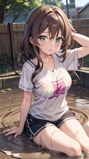 nozomitoujou, Nozomi-san always, Green Eyes, Beautiful attention to detail, Brown Hair, Curly Hair, Large Breasts, masterpiece, Highest quality, High resolution, Good lighting, Detailed CG, Messy Hair, Short shorts, V-neck tops, View your viewers, Glossy Lips, Arms stretched out, Wave your arms towards the audience, upset, Scared, (Sinking in the mud), School grounds