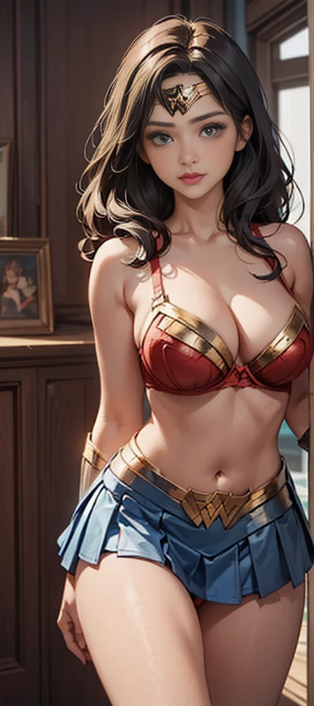 1 girl ( young woman, wonder woman, 21s, big breasts, beautiful , voluptuous body) using lingerie ( red bra , blue panties) ,blue mini skirt ( wonder woman skirt outfit)