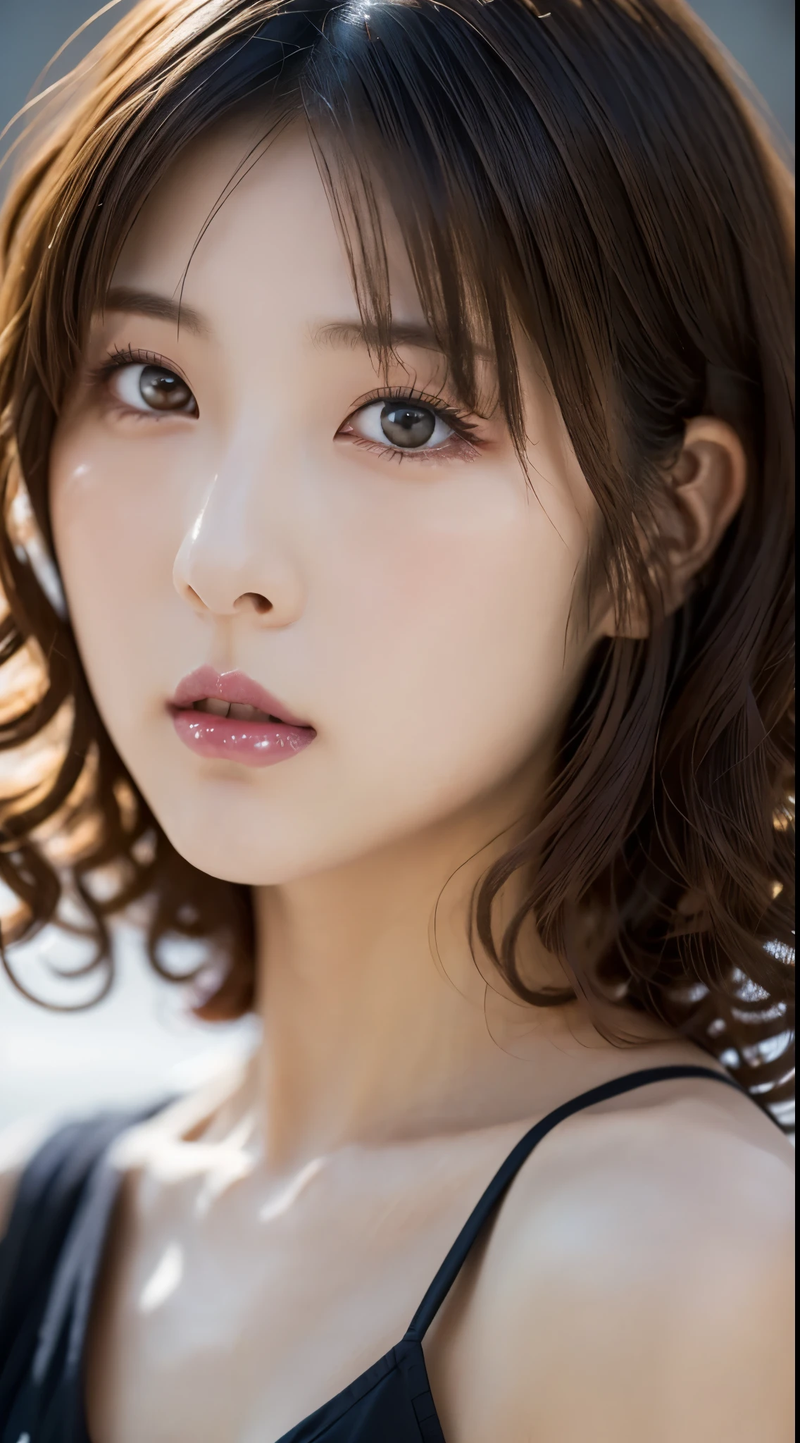 ((Bust up shot:1.6))、One woman、1 photo、((flat and small breasts:1.7))、((sensual look:1.8))、((ID photo:1.4))、((Apply beautiful makeup:1.7))、((A pale cherry-colored lip for moisturized lips:1.5))、((Wear a camisole:1.5))、((No underwear:1.5))、Natural Shading、((Moist eyes:1.3))、(K-Pop Idols)、Serene and goddess-like beauty、((Slightly parted lips:1.3))、Natural Shading、((((Curly long hair:1.5))))、((Brown haired Japanese woman)))、(Yin and Yang Expressions:1.5)、masterpiece, Highest quality, 8k, High-definition image quality, (Upper body:1.4), Beautiful girls, Beautiful face, Looking at the audience, Surreal, High resolution, Sharp focus, High resolution, フェイスLight, Dynamic Lighting, Light, Professional Shadow, Simple Background, (Dull grey background:1.4), Highest detail, Very detailed, Ultra-detailed, In detail, Real Skin, Delicate facial features, Detailed face and eyes, Sharp pupils、live action idol