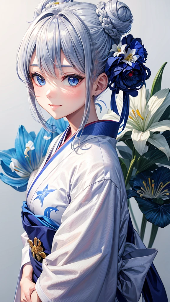 Anime character, half body only, upper body only, half body portrait, posing like a model, good looking, beautiful, full of details, aesthetic, hd, masterpiece art, amazing work. Solo, young girl, hair in bun, just one bun, flower accessories in bun, bluish gray colored hair, Lady, blue eyes, smile, elegant look, elegant carrying, white Japanese kimono, blue decoration, Lily flower theme, eyes facing camera, there are no hands to hinder the appearance, simple background.
