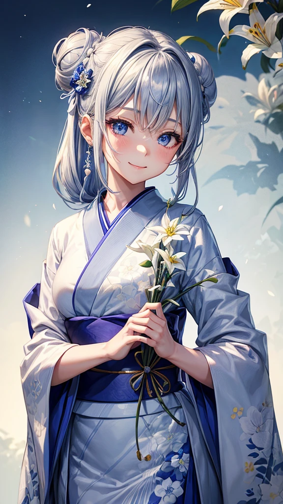 Anime character, half body only, upper body only, half body portrait, posing like a model, good looking, beautiful, full of details, aesthetic, hd, masterpiece art, amazing work. Solo, young girl, hair in bun, just one bun, flower accessories in bun, bluish gray colored hair, Lady, blue eyes, smile, elegant look, elegant carrying, white Japanese kimono, blue decoration, Lily flower theme, eyes facing camera, there are no hands to hinder the appearance, simple background.