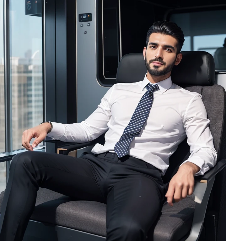 30 years old,One Man,、Iraqi　Tall man、Black Suit、On board、,logic,Gay ,Very short hair、Short-haired allback、Cool handsome guy、Sit with your legs apart、The crotch area is bulging