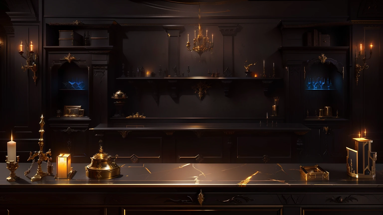 European décor,Weapon racks,Treasure Chest,gold,old,,Treasure and candles,wall lamp, Bar Background, Front desk close-up,table, Treasure Cabinet, Indoor Background Art Game Art,Diablo concept art,Realistic dark concept art,4K