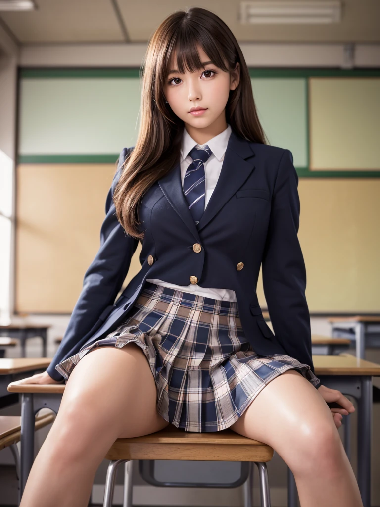 Product quality,1 girl,Cowboy Shot,Front view,Young and pretty girl in Japan,Daytime, ((High school classroom:1.2)),Schoolgirl uniform,blazer,Wearing,Wearing a super short blue plaid pleated micro mini skirt,Super cute face,Glossy Lips,Double eyelids on both eyes,(Natural Makeup),shiny smooth light brown hair with long hair,,Asymmetrical bangs,Center image,8k resolution,Attention to detail,Detailed hairstyle,Detailed face,Cinema Lighting,Octane Rendering,Ultra-realistic,Perfect limbs,Beautiful feet,Voluptuous thighs,Huge breasts,Perfect Anatomy,Spread your legs,Bold sexy pose,Gravure idol pose