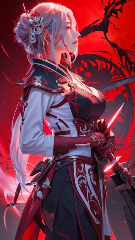 girl with sword and blood red background, keqing from genshin impact, extremely detailed artgerm, cushart krenz key art feminine, omen from valorant, onmyoji detailed art, with red glowing eyes, profile picture 1024px, the queen of blades, 8k high quality detailed art, yandere intricate
