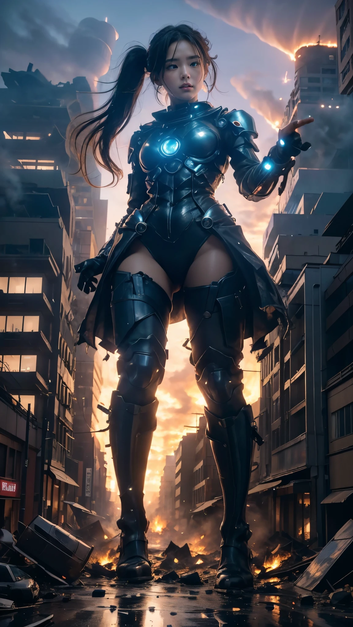 (giant element, high resolution, high resolution, high quality, accurate body structure, detailed body), sexy, battle suit, towering giant girl, looking up at approaching woman from below, giant attacks city, cute, girl destroying small town, destroying small town, mischievous expression, Japanese, white skin, smile, trampling buildings, rubble, burning small town, destroyed small building, collapsed highway, car being crushed, evacuation of residents, sunset, burning small town, please, walk, trample, anatomically correct, accurate human body, accurate skeleton, full body portrait, blue eyes, rubble scattered at feet, taller than skyscrapers, big impact, amazing, giant element, draw woman big, increase destructive element, make city smaller, rampaging, city, building, monster, light beam from girl's hand, magic,