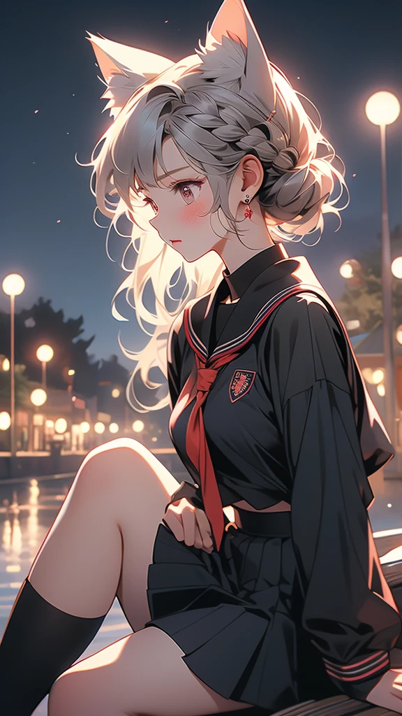 1girl,solo,animal ears,school uniform,serafuku,cat ears,red eyes,sky,skirt,sitting,black serafuku,long sleeves,night,braid,grey hair,sailor collar,from side,outdoors,black skirt,extra ears,pleated skirt,profile,earrings,shirt,night sky,closed mouth,jewelry,neckerchief,knees up,red neckerchief,looking away,blush,short hair,black shirt