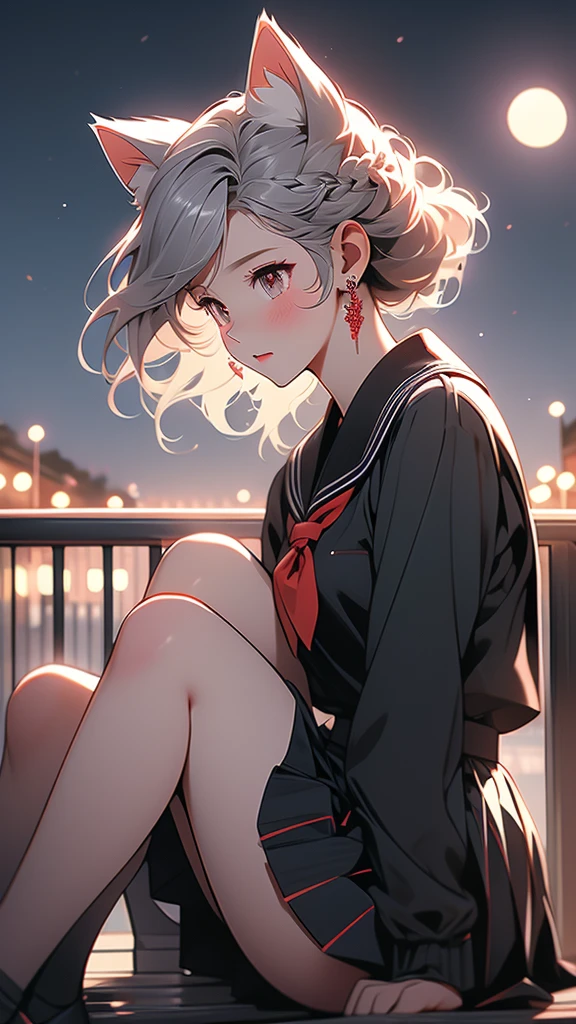 1girl,solo,animal ears,school uniform,serafuku,cat ears,red eyes,sky,skirt,sitting,black serafuku,long sleeves,night,braid,grey hair,sailor collar,from side,outdoors,black skirt,extra ears,pleated skirt,profile,earrings,shirt,night sky,closed mouth,jewelry,neckerchief,knees up,red neckerchief,looking away,blush,short hair,black shirt