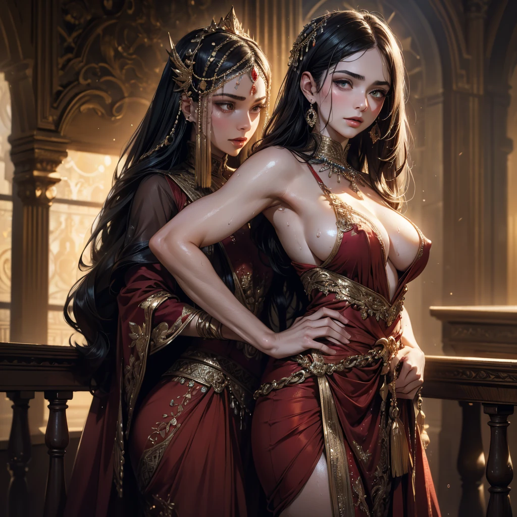 a beautiful hot and sexy persian princess, fitted rich red sharara , long wavy black hair, pale white skin, entire body covered in glistening sweat, more sweat drops visible on his entire body, sweat dripping from armpits, large breasts visible, nipples visible, hand on waist, detailed facial features, (best quality,4k,8k,highres,masterpiece:1.2),ultra-detailed,(realistic,photorealistic,photo-realistic:1.37),HDR,UHD,studio lighting,ultra-fine painting,sharp focus,physically-based rendering,extreme detail description,professional,vivid colors,bokeh,portrait