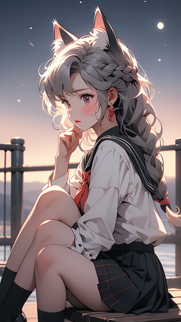 1girl,solo,animal ears,school uniform,serafuku,cat ears,red eyes,sky,skirt,sitting,black serafuku,long sleeves,night,braid,grey hair,sailor collar,from side,outdoors,black skirt,extra ears,pleated skirt,profile,earrings,shirt,night sky,closed mouth,jewelry,neckerchief,knees up,red neckerchief,looking away,blush,short hair,black shirt