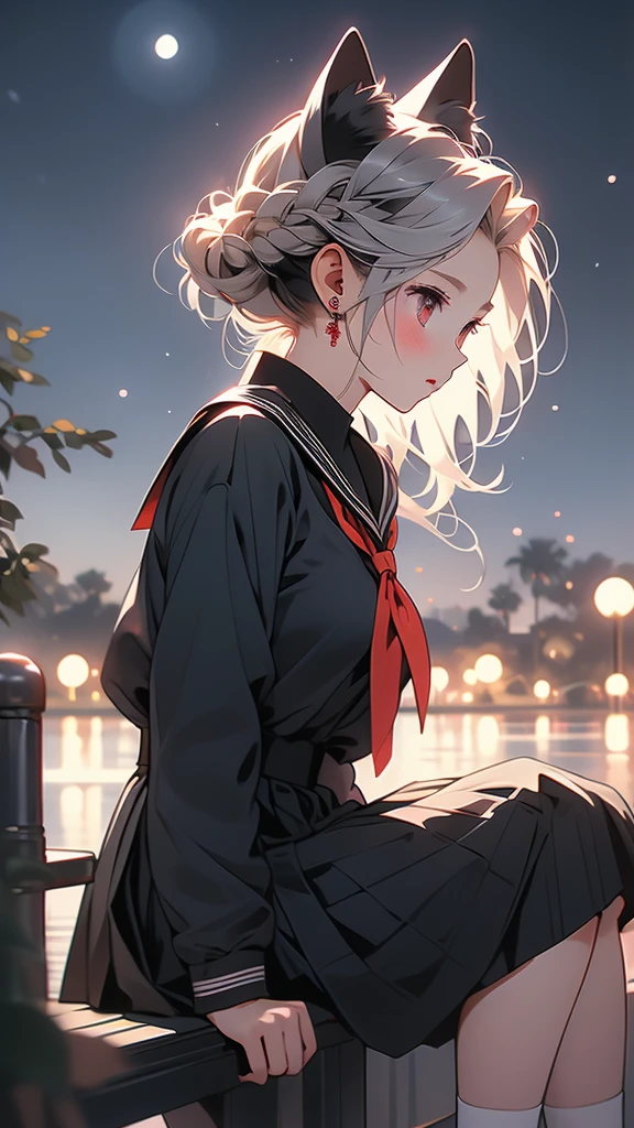 1girl,solo,animal ears,school uniform,serafuku,cat ears,red eyes,sky,skirt,sitting,black serafuku,long sleeves,night,braid,grey hair,sailor collar,from side,outdoors,black skirt,extra ears,pleated skirt,profile,earrings,shirt,night sky,closed mouth,jewelry,neckerchief,knees up,red neckerchief,looking away,blush,short hair,black shirt