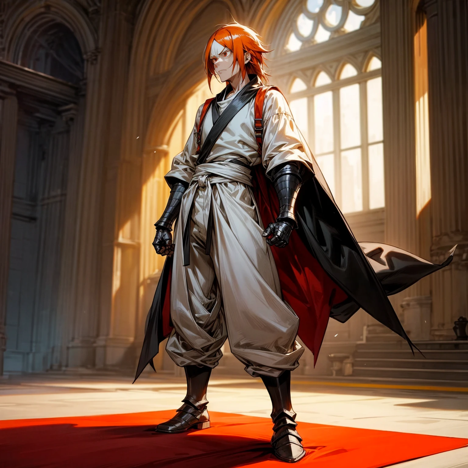 Solo character, full body version, tall height, old man, muscle, Red eyes, orange half black color hair, long haircut, White shirt, long pants, boots, heavy armored, indoor, Castle, (Bleach style art), standing gesture, angry eyes