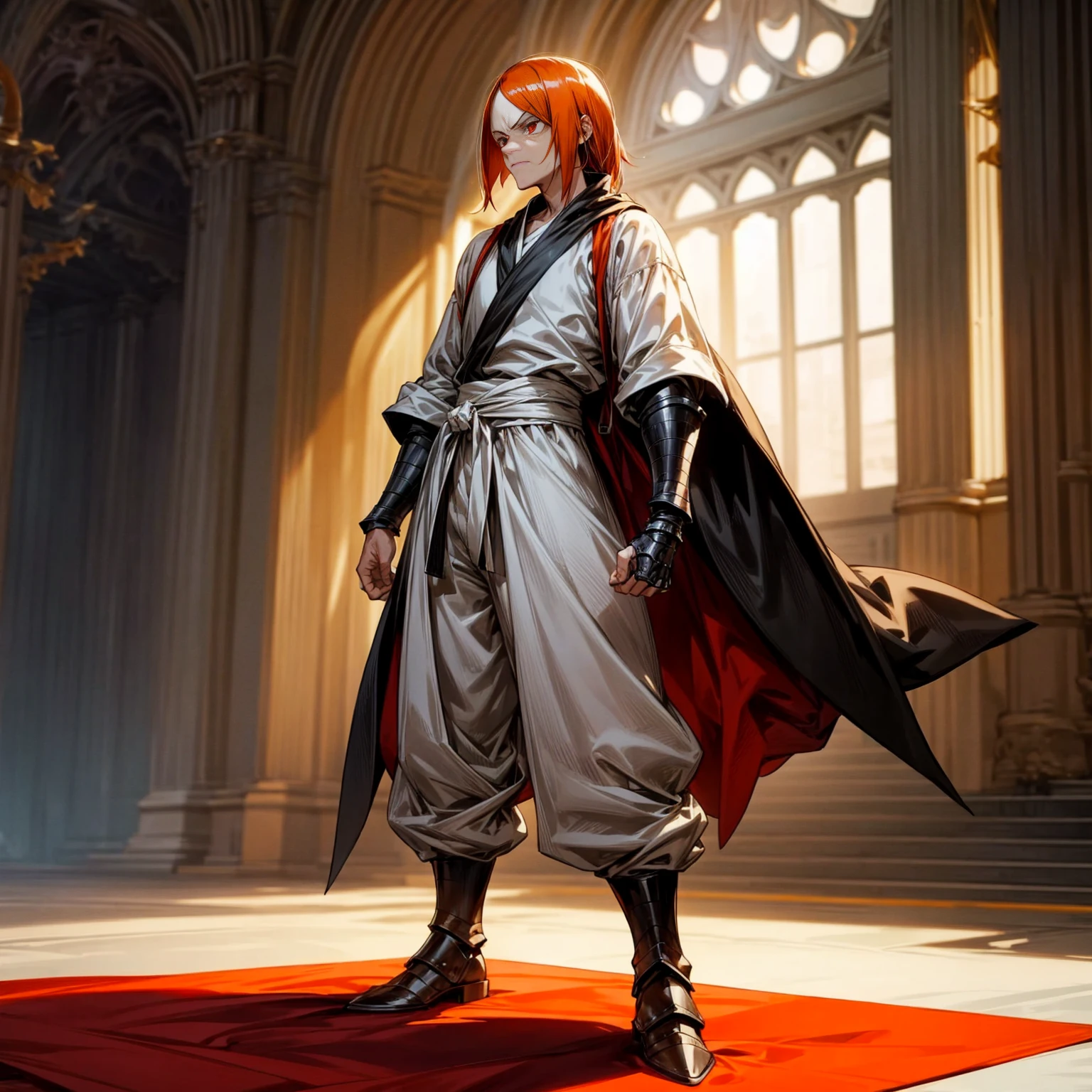 Solo character, full body version, tall height, old man, muscle, Red eyes, orange half black color hair, long haircut, White shirt, long pants, boots, heavy armored, indoor, Castle, (Bleach style art), standing gesture, angry eyes
