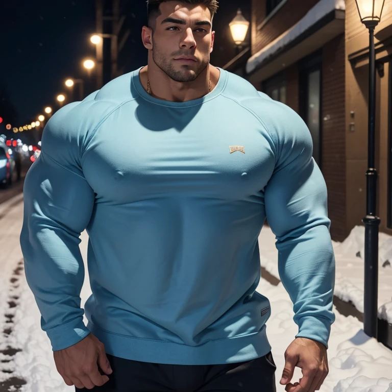 a very handsome young man, massively muscular, with massively large muscles, with massively large and muscular biceps, with massively large and muscular arms, massively muscular bodybuilder, extremely large muscular, wearing a simple light blue sweatshirt with long sleeves, on a snowy sidewalk at night