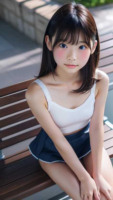 1girl,perfect Ratio Face, Balanced eyes, double eyelid,japanese,yr,round face, an innocent face, Beautiful nasal muscles, lipgloss, Balanced style,mini skirt,((straddle on bench)),show panties,on backstreet,