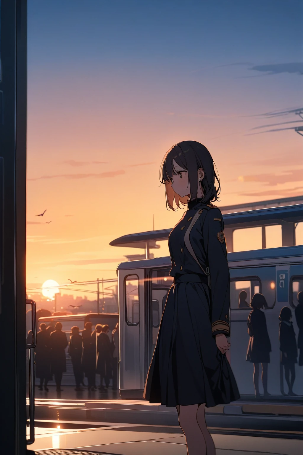 (One girl:1.4), alone, sunset, Station platform, Waiting in uniform, quiet, Shine, evening, Reflexive, Calm, null, Daily life, Expectations, public transport, Fleeting, Fleeting, like々Shii, still, Orange, silhouette, peaceful, Routine, departure, arrival, Contemplative, Lonely, Vibrant, 懐かShii, patient, Observant