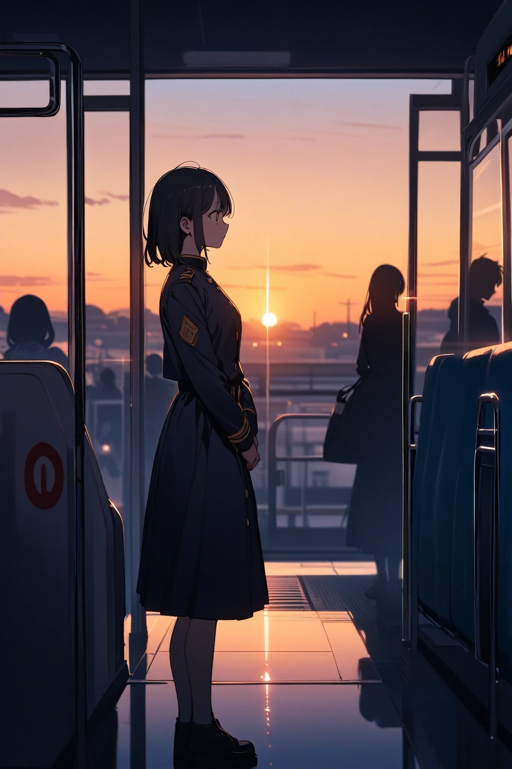 (One girl:1.4), alone, sunset, Station platform, Waiting in uniform, quiet, Shine, evening, Reflexive, Calm, null, Daily life, Expectations, public transport, Fleeting, Fleeting, like々Shii, still, Orange, silhouette, peaceful, Routine, departure, arrival, Contemplative, Lonely, Vibrant, 懐かShii, patient, Observant