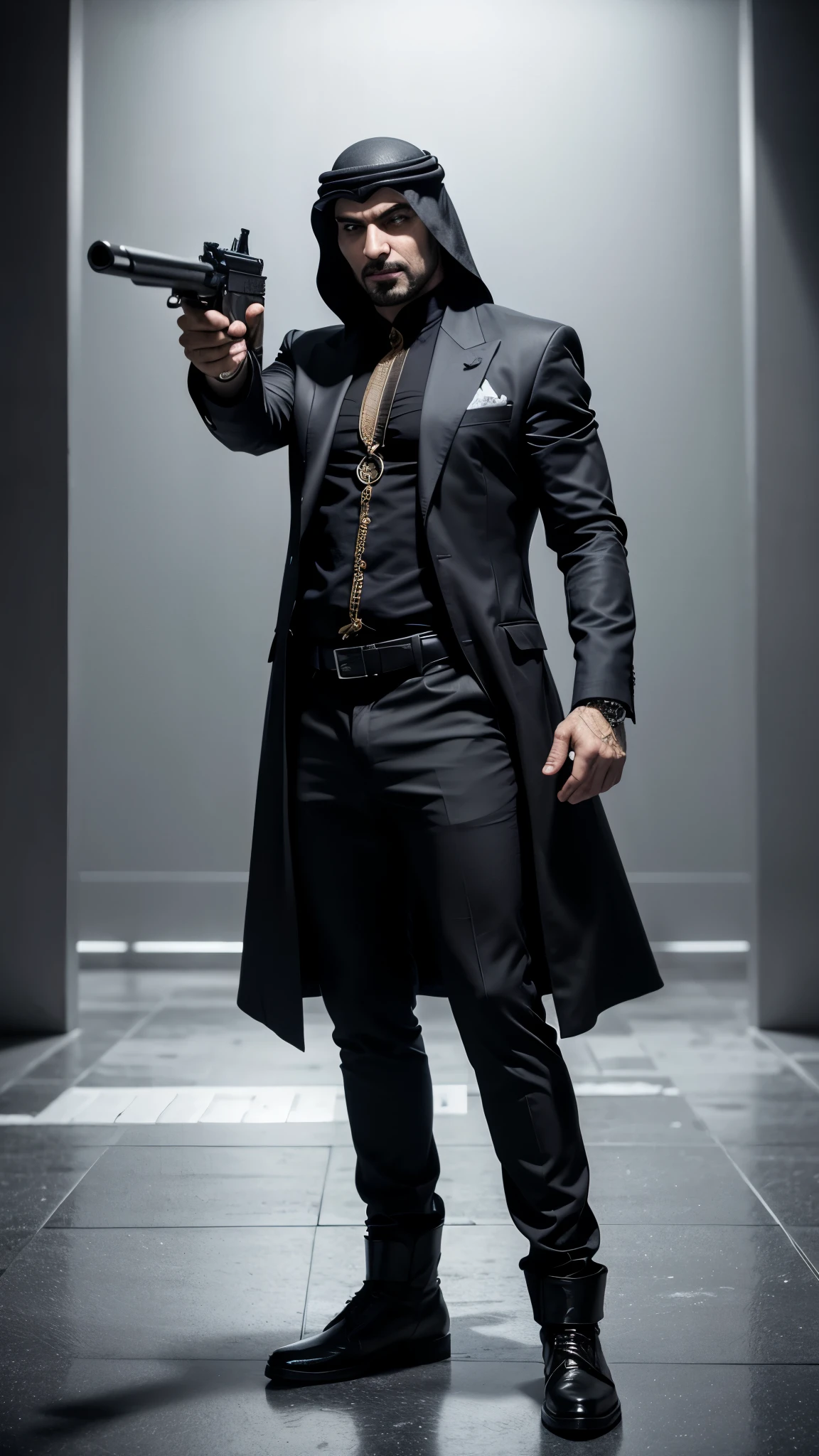 full body standing pose hyperealistic fullbody rich arab man arabian modern style mafia criminal charismatic game character , empty background , holding pistol , (best quality,8k,highres,masterpiece:1.2),ultra-detailed,