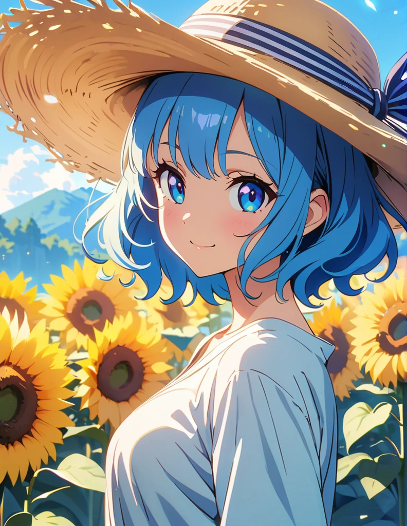 (anime artwork, anime style, studio anime, very detailed, up to date, vibrant, Anime Coloring, high contrast, masterpiece:1.2, best quality, best aesthetics),{{774inc}},{{souya ichika}},{{summer clothes}},1 girl,blue hair,light smile,sunflower park,y pose,cat ear,ultra-detailliert