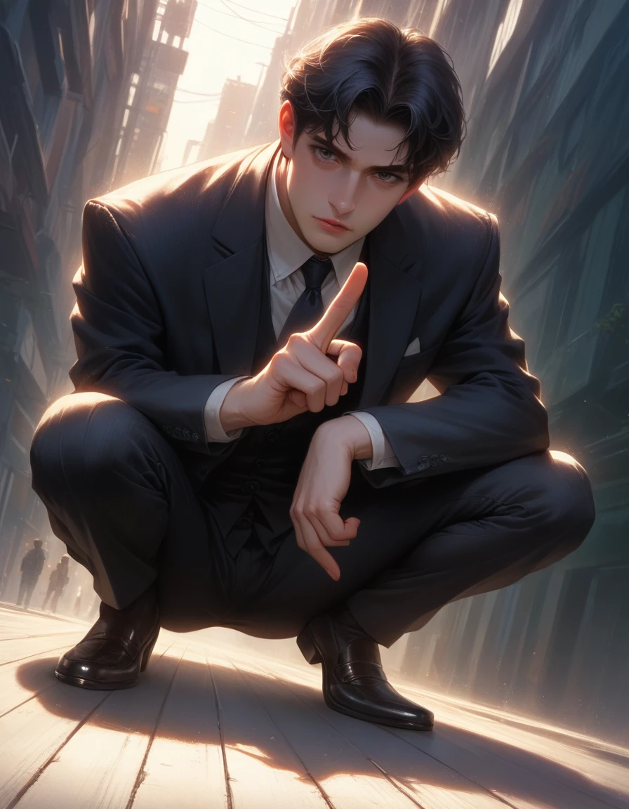 delicate,masterpiece, beautiful detailed, finely detailed, intricate details, (realistic:1.2), (almost no light:1.2),(film noise:1.4), 1 man, donlee, (full body),delicate and beautiful CG artwork),(best quality, ultra-detailed, high resolution),(dynamic angle, dynamic lighting), (looking at viewer:1.2), (squatting on floor:1.4), (pointing finger at viwer:1.3) Cannon EOS 5D MARK III, 50mm Sigma f/1.4 ZEISS lens, F1.4, 1/800s, ISO 100,(detailed face),(black hair),(suit),