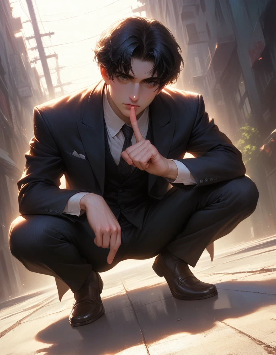 delicate,masterpiece, beautiful detailed, finely detailed, intricate details, (realistic:1.2), (almost no light:1.2),(film noise:1.4), 1 man, donlee, (full body),delicate and beautiful CG artwork),(best quality, ultra-detailed, high resolution),(dynamic angle, dynamic lighting), (looking at viewer:1.2), (squatting on floor:1.4), (pointing finger at viwer:1.3) Cannon EOS 5D MARK III, 50mm Sigma f/1.4 ZEISS lens, F1.4, 1/800s, ISO 100,(detailed face),(black hair),(suit),