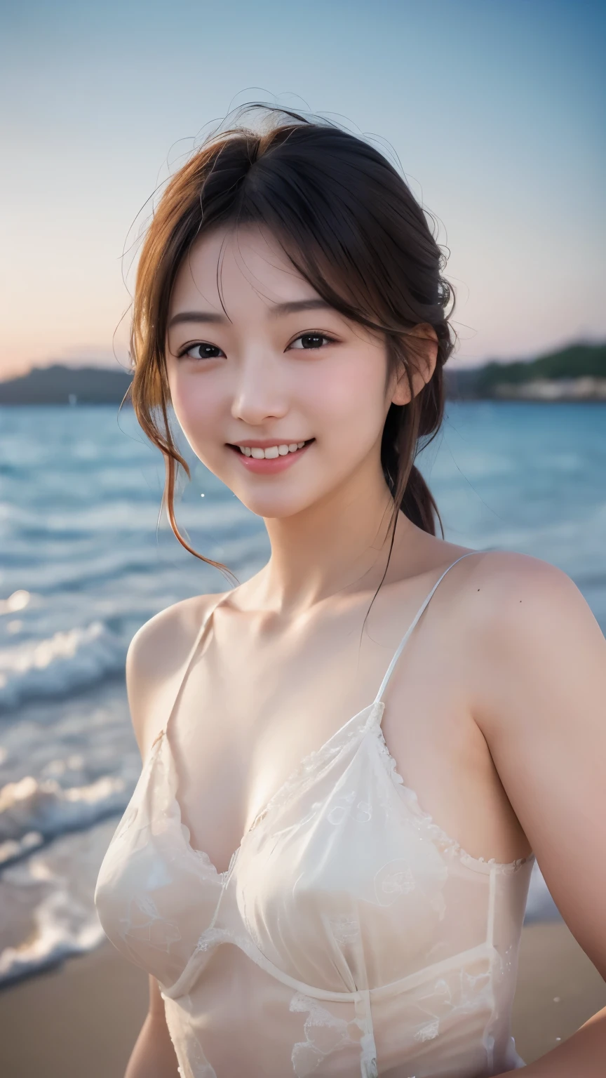 (RAW Photos, Highest quality), (Realistic, Photorealistic:1.3), masterpiece, Very delicate and beautiful, Soft Light, Beautiful detailed girl, (Detailed fingers), 1 girl, Japanese, Pure beauty, cute, young, smile, Beach,sexy
