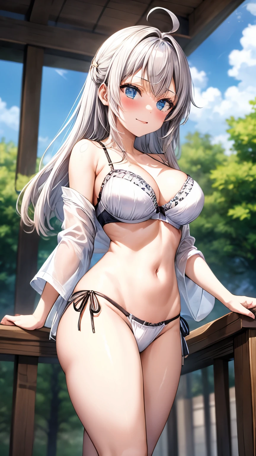 High school girl , beauty , silver Hair , yukata gigantic breasts , (White tube top bra:1.2) , (White loin cloth:1.2) shrine , (spread legs:1.2) , (standing:1.2)