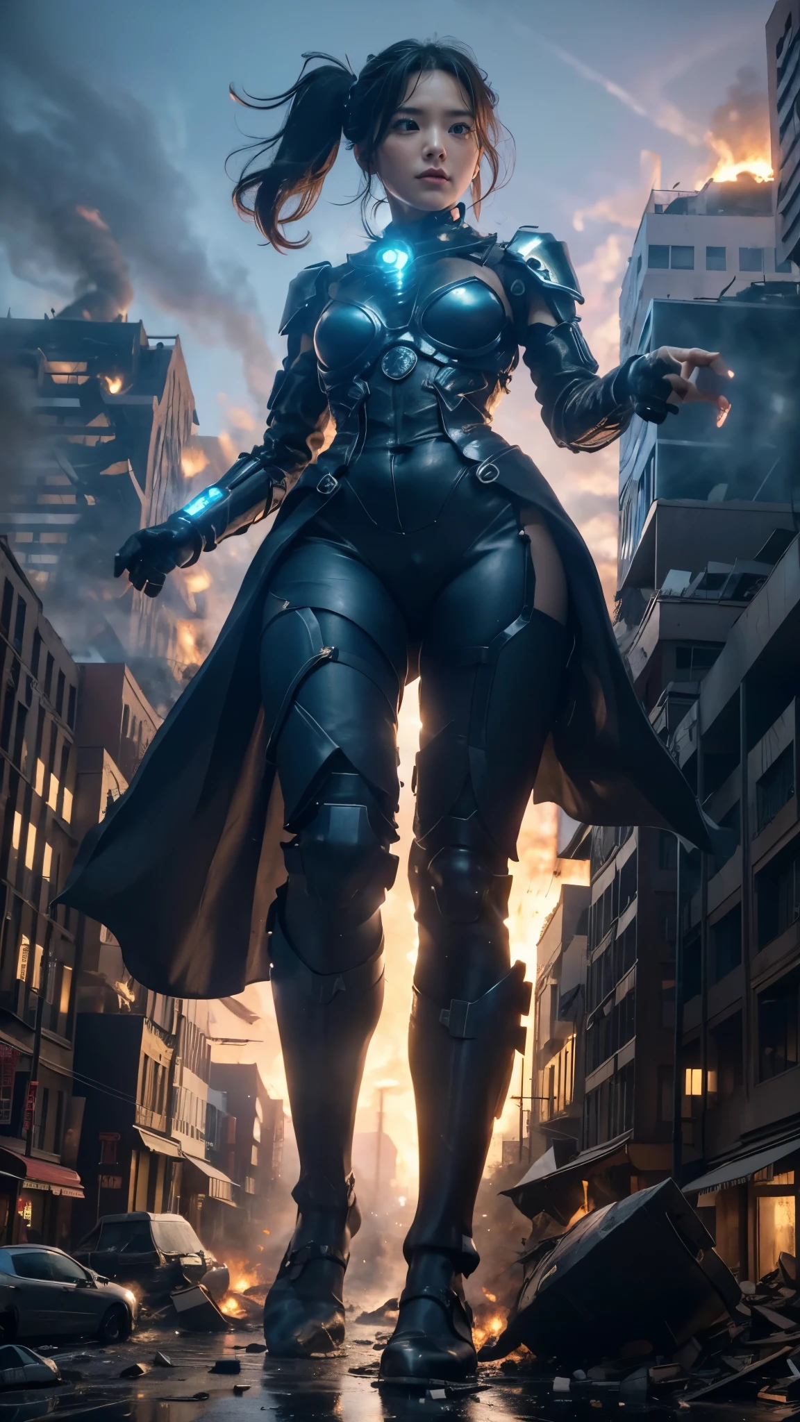 (giant element, high resolution, high resolution, high quality, accurate body structure, detailed body), sexy, battle suit, towering giant girl, looking up at approaching woman from below, giant attacks city, cute, girl destroying small town, destroying small town, mischievous expression, Japanese, white skin, smile, trampling buildings, rubble, burning small town, destroyed small building, collapsed highway, car being crushed, evacuation of residents, sunset, burning small town, please, walk, trample, anatomically correct, accurate human body, accurate skeleton, full body portrait, blue eyes, rubble scattered at feet, taller than skyscrapers, big impact, amazing, giant element, draw woman big, increase destructive element, make city smaller, rampaging, city, building, monster, light beam from girl's hand, magic,