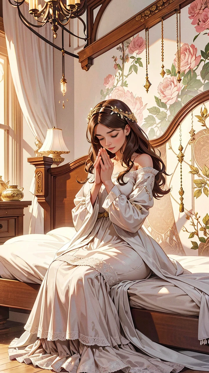 A stunning illustration of a young woman with long, cascading brown hair, sitting gracefully on an ornate bed decorated with floral wallpaper. The bed is covered in luxurious fabrics and has an elegant chandelier hanging above. The woman, dressed in an immaculate gown, clasps her hands together in a prayerful gesture, her eyes closed in devotion. The room exudes an antique charm, with its vintage furnishings and rich, inviting colors, creating a sense of timeless elegance and comfort.