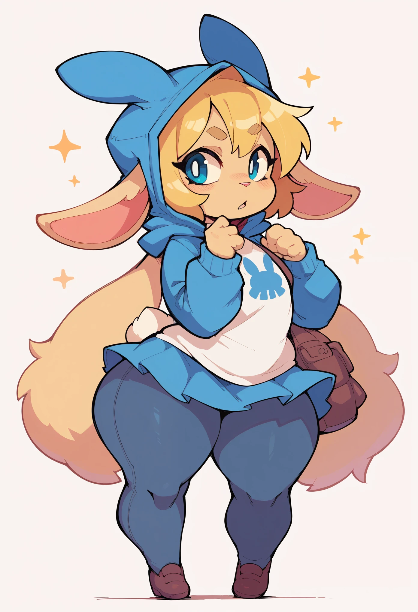 Furry bunny female, BLUE hood , Blonde  hair , shortstack, wide hips, skirt pusy huge boobs